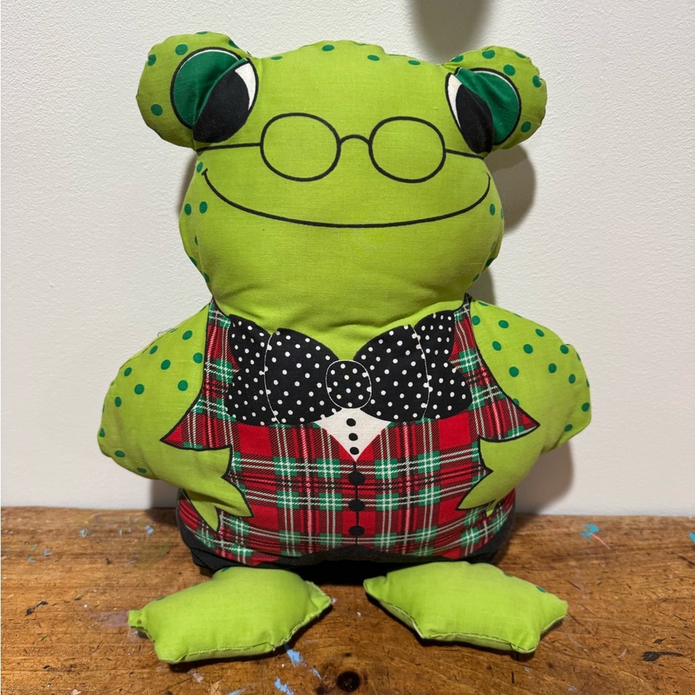 Vintage Green Frog Plush with Plaid Vest